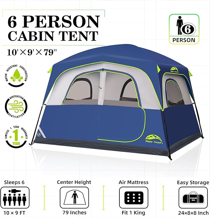 Happy Travel Tent 6 Person Tents for Camping, Waterproof Easy Setup Camping Tent with Rainfly, Portable Large Family Cabin Tent with 5 Large Mesh Windows and Carry Bag for Outdoor Camping & Hiking