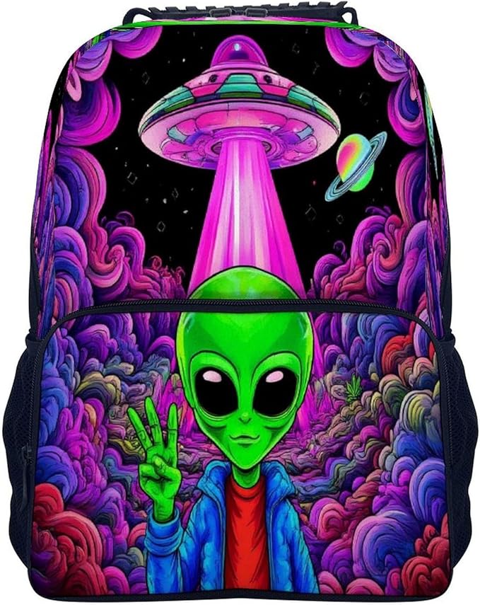 Men Women Polyester Trippy Space Alien Marijuanaweed Art Daypack Big Capacity Shoulder Bag With Smooth Zippers for Hiking Work Walking Cycling