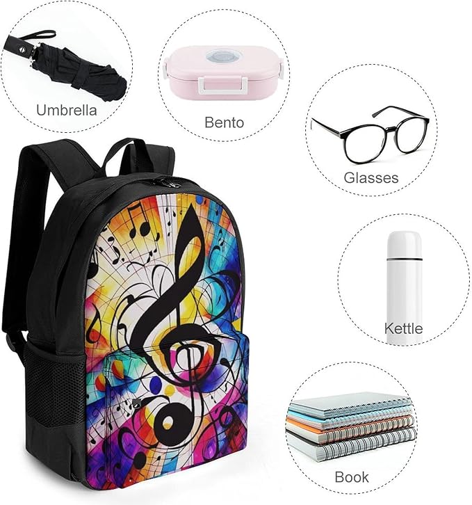 Supdreamc Men Women Lightweight Abstract Music Notes Colorful Backpack Large Capacity Bookbag With Smooth Zippers for Gym Business Running