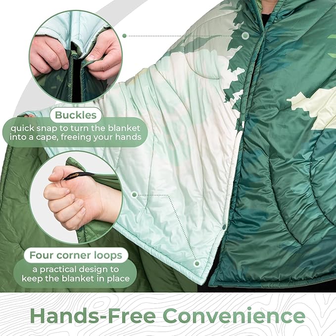 KingCamp Ultralight Camping Blanket, Packable Down Alternative Puffy Printed Wearable Blanket with Snap Buttons & Corner Loops Weatherproof Quilt for Outdoor Travel Stadium (79"L x 57"W, GREEN)