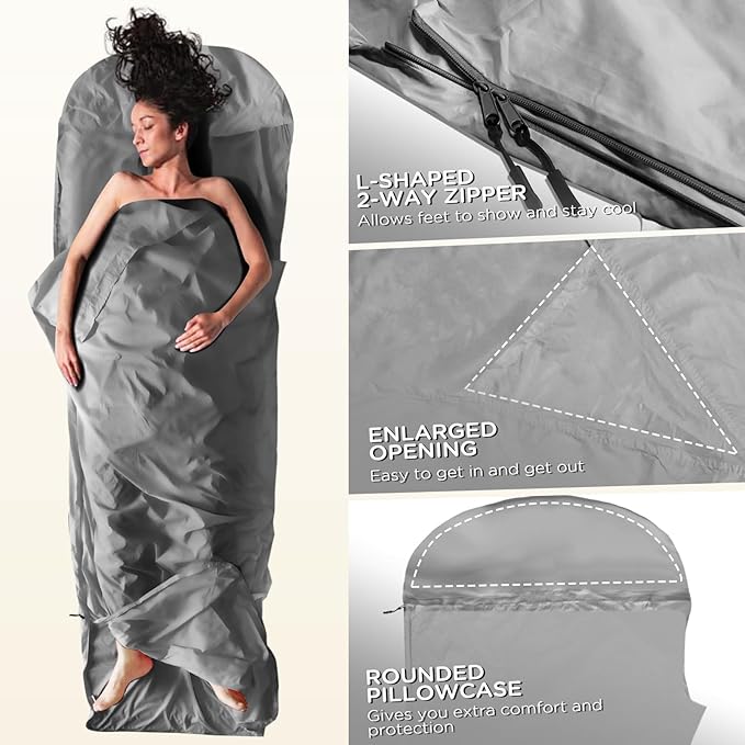 Ultralight Sleeping Bag Liner - 5.3 oz Washable Adult Sleep Sack & Travel Sheets, Self Tan Sleep Sack with Two-Way-Zipper, for Backpacking, Hotel, Camping, Travel