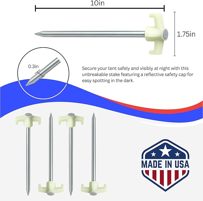 10" Glow in The Dark Tent Stakes - Unbreakable Rebar Stakes, Metal Stakes Heavy Duty, Camping Spikes with High Impact, 5/16" Diameter Corrosive Resistant Ground Anchor, Made in USA Metal Tent Anchors