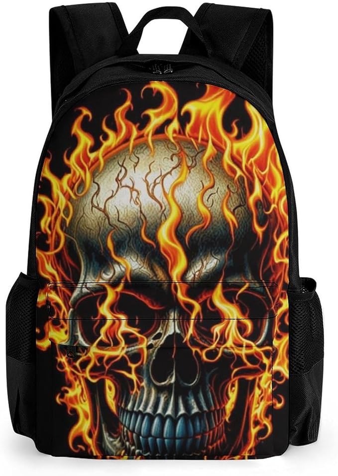 Men Women Lightweight Flaming Fire Skull Casual Daypack Big Capacity Bookbag With Padded Straps for Gym Travel Walking Cycling