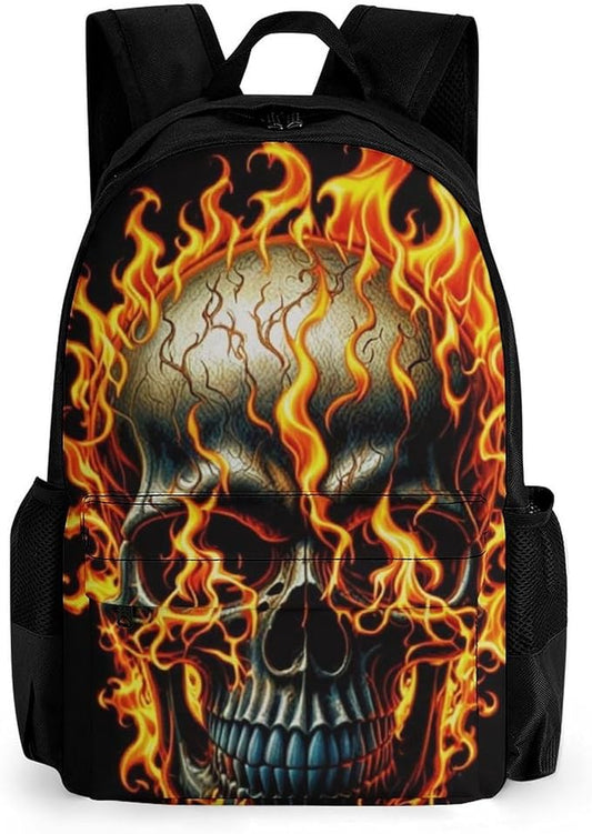 Men Women Lightweight Flaming Fire Skull Casual Daypack Big Capacity Bookbag With Padded Straps for Gym Travel Walking Cycling