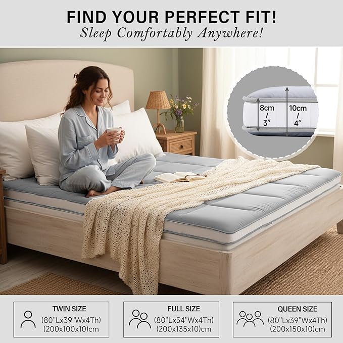 Tiita Queen Memory Foam Mattress Topper, 4" Thicken Futon Floor Mattress with Storage Bag and 2 Straps, Portable Roll Up Travel Car Camping Mattress Sleeping Pad, Grey