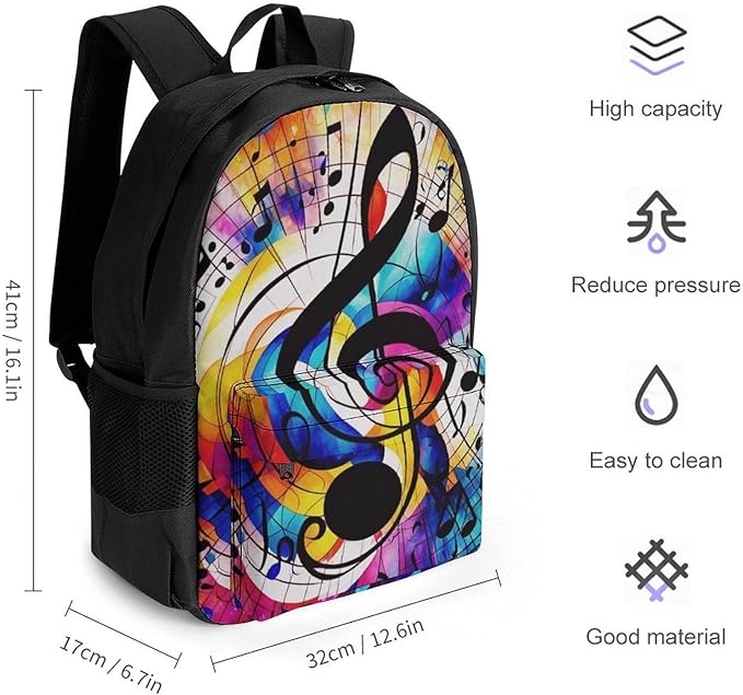 Supdreamc Men Women Lightweight Abstract Music Notes Colorful Casual Daypack Large Capacity Bookbag With Adjustable Shoulder Straps for Gym Business Bicycle