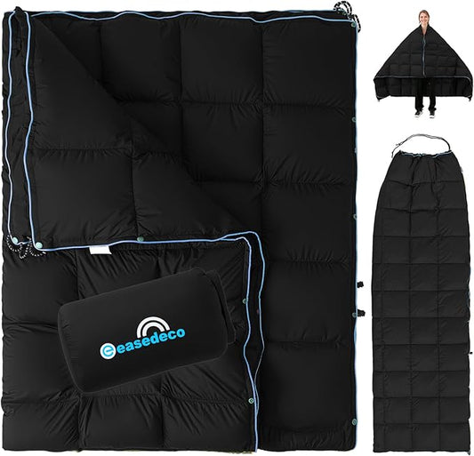 Down Camping Blanket - Black, 1lb 6oz / 77 * 52'' Lightweight Packable Warm Puffy Travel Quilt with Footbox, 650 Fill Power Outdoor Blankets for Hiking, Travel, Hammock & Stadium Down Quilt