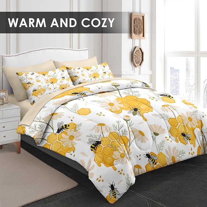 Comforter Set Twin Size, Bees Honey Flower 5 Pcs Bedding for Kids and Adults, Spring Floral Summer Bed Sheet Sets with Fitted Sheet Pillowcase & Sham for Bedroom Bed Decor