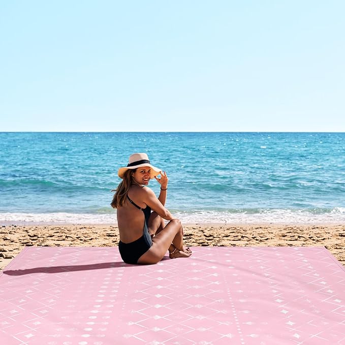 Beach Blanket Waterproof Sandproof, Moroccan Blythe Pink Picnic Blankets, 86''×78'' Large Beach Mat Sand Free for 2-4 Adult, Compact Quick Drying Outdoor Blanket Beach Essentials Must Have