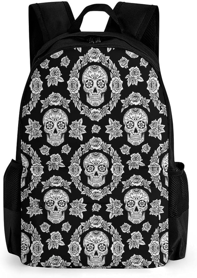 Supdreamc Men Women Lightweight Black And White Floral Day Of The Dead Mexican Sugar Skulls Casual Daypack Large Capacity Bookbag With Adjustable Shoulder Straps for Gym Business Bicycle