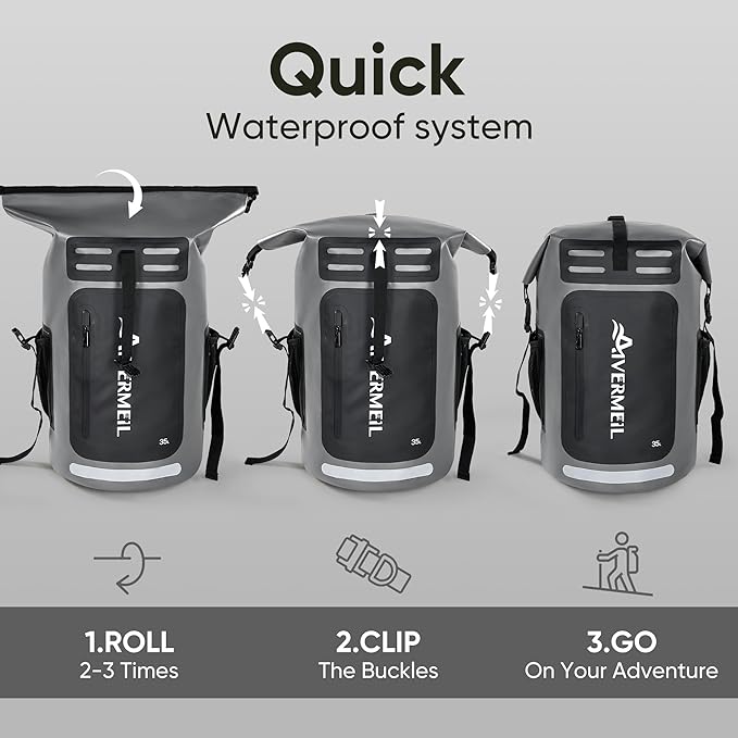 Dry Bag 35L for Men & Women Roll-Top Hiking Backpack with IPX8 Waterproof Phone Case & Detachable Mini Backpack for Kayaking Boating Cushioned Padded Back Grey