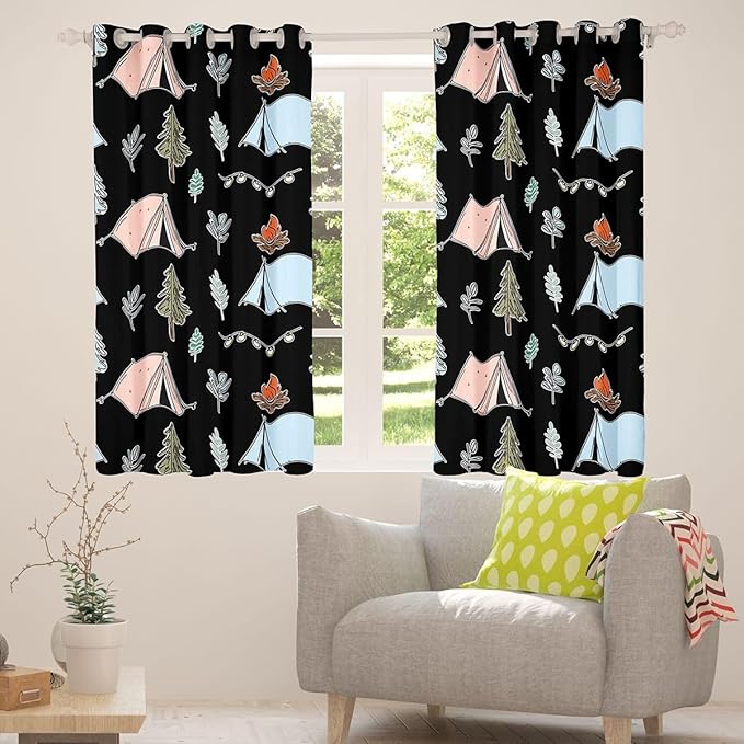 Feelyou Cute Black Camping Camper Curtains for Bedroom Living Room Campfire Tent Blackout Darkening Drapes Happy Camping Window Treatments, 2 Panels 52 x 84 Inch Room Decor
