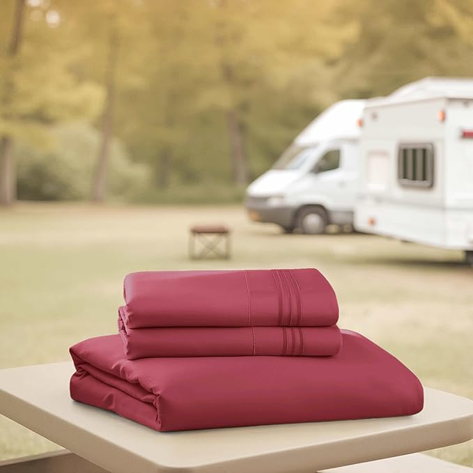 Hearth & Harbor Short Queen Sheets for RV, Burgundy Red RV Queen Sheets, Silky Soft 1800 Microfiber Bed Sheet for Camper, 4 Piece RV Bedding with Pillowcases