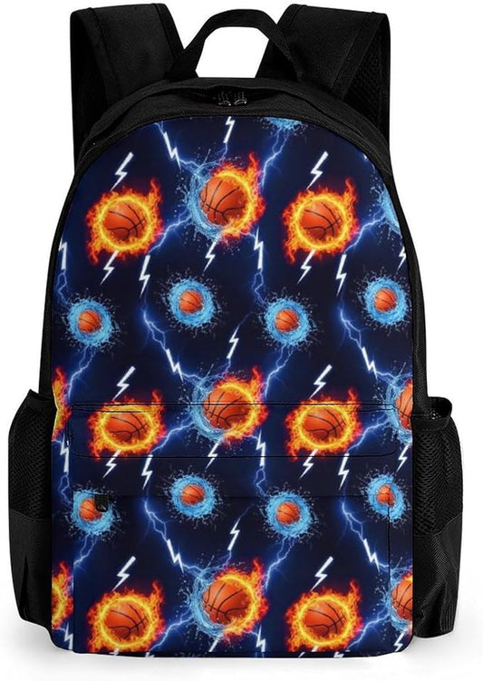 Backpack Lightweight Anti-Theft Multipurpose Water Fire Flame Basketball Print Black Shoulder Bag Large Capacity Travel Hiking Backpack With Padded Straps