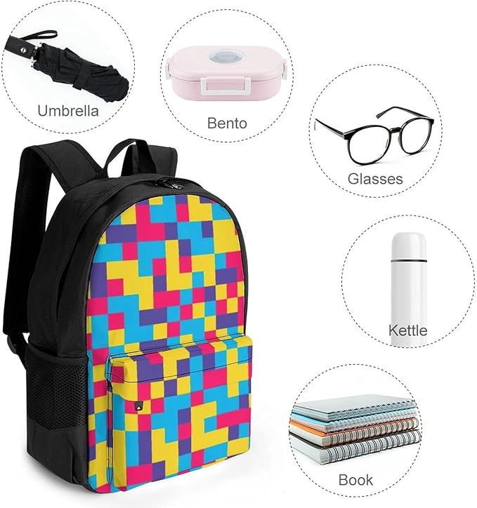Supdreamc Polyester Daypack Backpack for Trekking Picnic Walking Cycling, Large Capacity Anti-Theft Multipurpose Shoulder Bag, Colorful Checkered Grid Casual Daypack