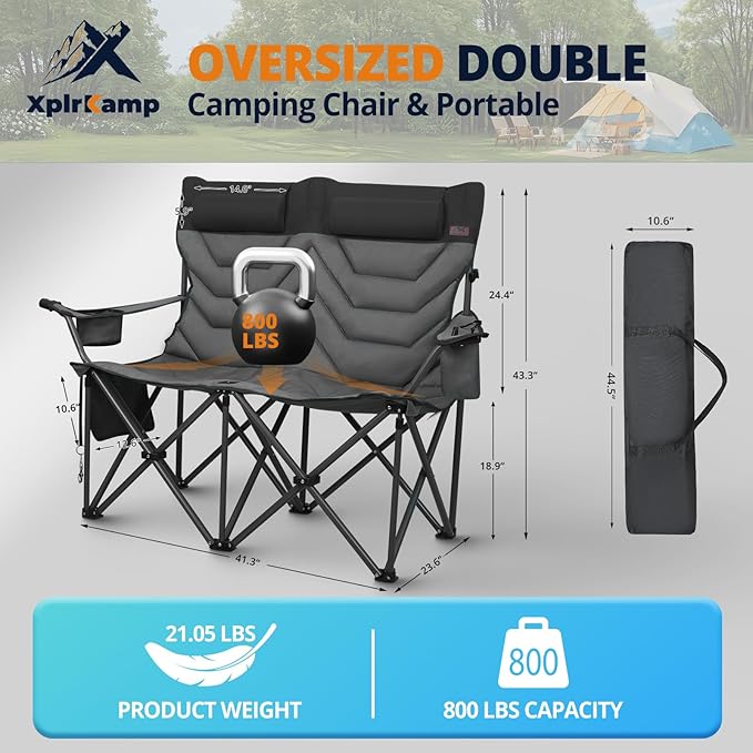Oversized High-Back Camping Chairs with Pillow, Dual Cup Holders & Cooler Bag - Heavy Duty Foldable Outdoor Chair for Adults4PC (1, BLACKGREY-3PC-SET)