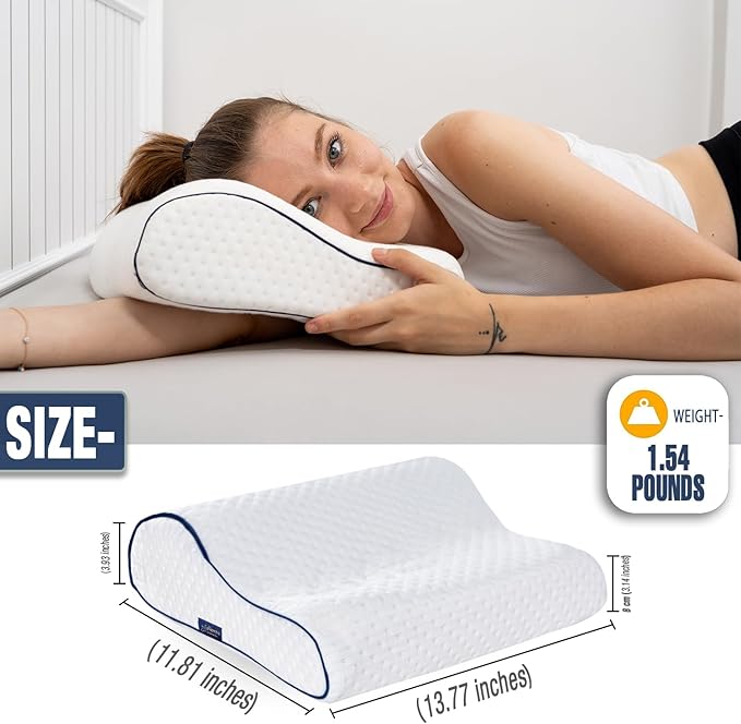 alkamto Travel & Camping Comfortable Memory Foam Pillow – Easy to Carry Portable Bag – Temperature Regulating Pillow Case (White Contour)