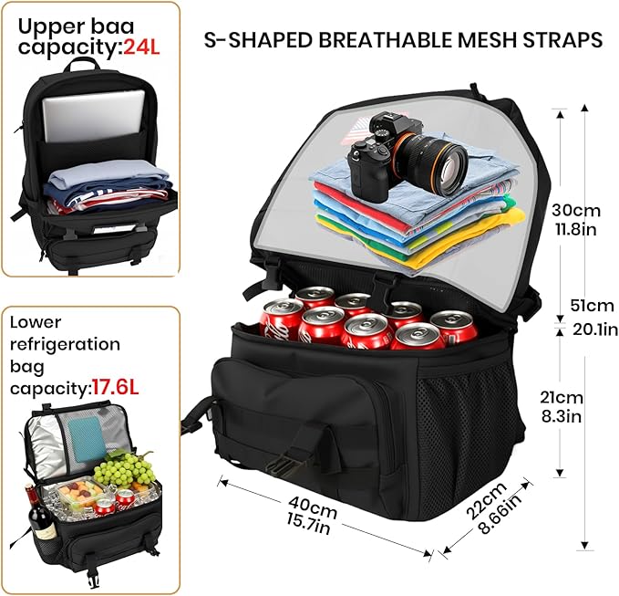 Tactical Cooler Backpack for Men, 41L Insulated Leakproof Lunch Backpack with 16” Laptop Compartment, Heavy Duty Double Deck Soft Cooler Bag for Work, Fishing, Camping, Hiking – Black