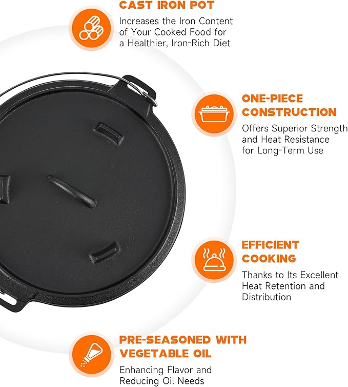 DARTMOOR 9 Quart Pre-Seasoned Cast Iron Dutch Oven with Lid and Lid Lifter Tool Outdoor Deep Camp Pot for Camping Fireplace Cooking BBQ Baking Campfire 9 QT