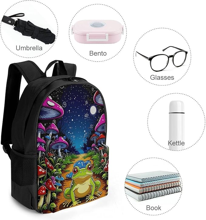 Supdreamc Men Women Lightweight Psychedelic Magic Mushrooms Frog Trippy Art Backpack Large Capacity Bookbag With Smooth Zippers for Gym Business Running