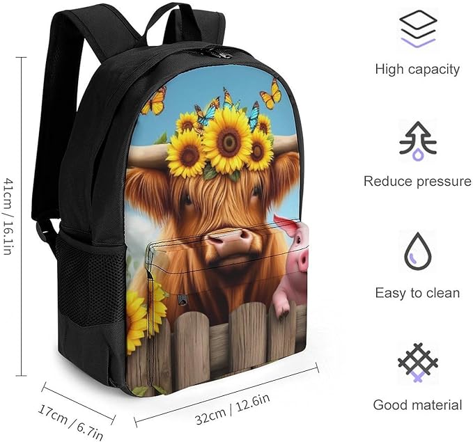 Supdreamc Men Women Polyester Sunflower Butterflies Highland Cow Pig Daypack Bookbag Big Capacity Shoulder Bag With Padded Straps for Climbing Travel Walking Cycling