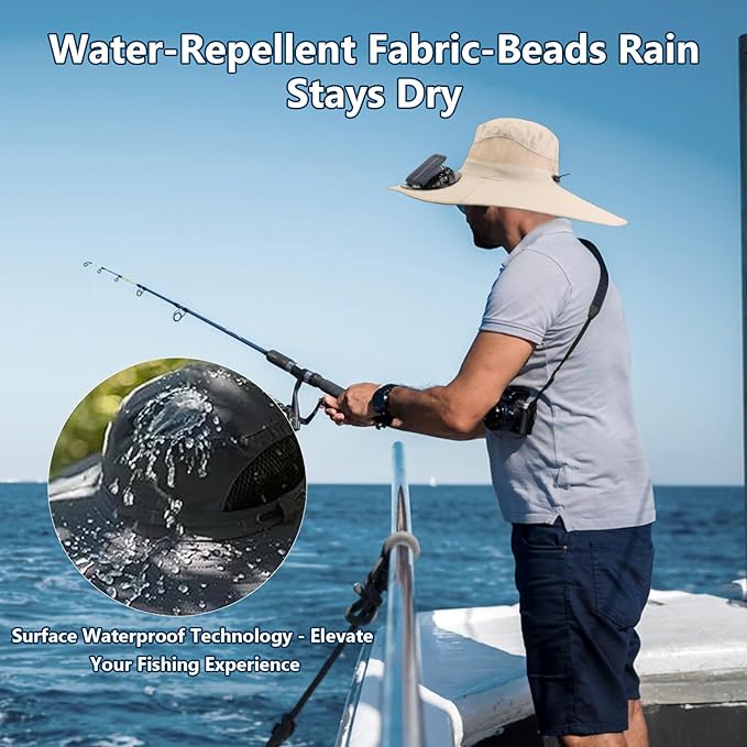 Outdoor Wide Brim Sun Hat with 2 Solar Powered Fan, Bucket Hat for Men Women, Fishing, Gardening & Beach Hat for Men