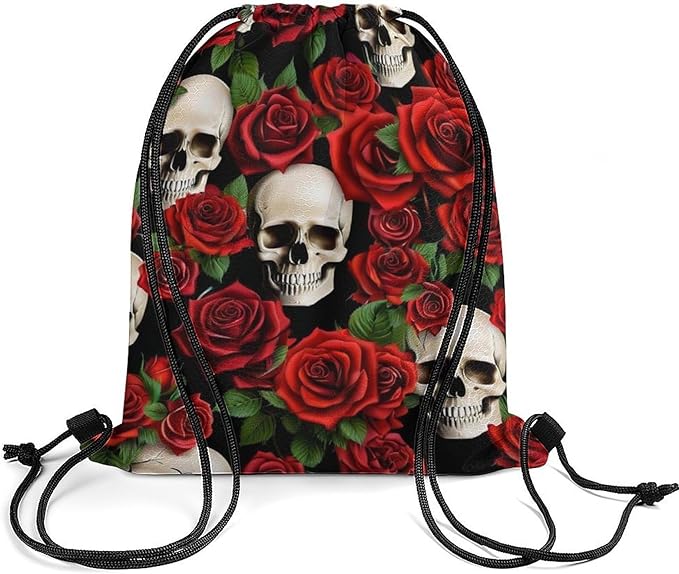 Travel Drawstring Backpack Theft Proof Cinch Sack Water Resistant Sackpack for Camping Hiking Outdoor Sports, Rose Skull Bags