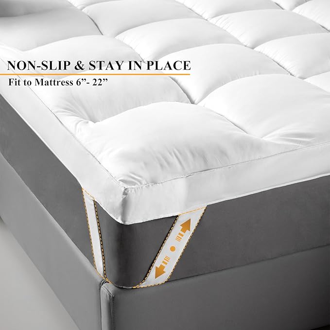 Twin XL Size Mattress Topper for College Dorm Room - Soft & Cooling Pillow Top Mattress Pad & Protector | Bed Topper for Back Pain, Straps Stretch 6" to 22" Deep