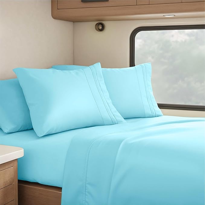 Hearth & Harbor Short Queen Sheets for RV, Bright Blue RV Queen Sheets, Silky Soft 1800 Microfiber Bed Sheet for Camper, 4 Piece RV Bedding with Pillowcases