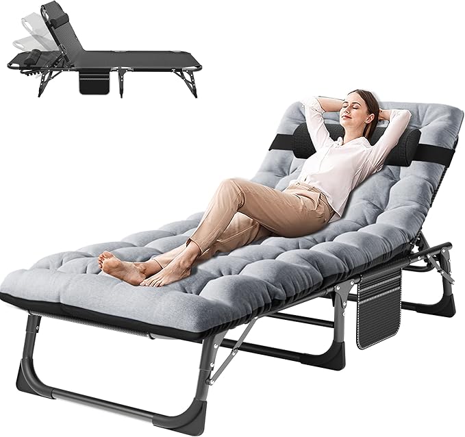 ABORON 3-in-1 Folding Patio Lounge Chair, 440LB Heavy-Duty Tri-Fold Guest Bed with Plush Cotton Cushion, No Assembly Adjustable Recliner for Office Nap, Patio Sunbathing, Poolside & Camping