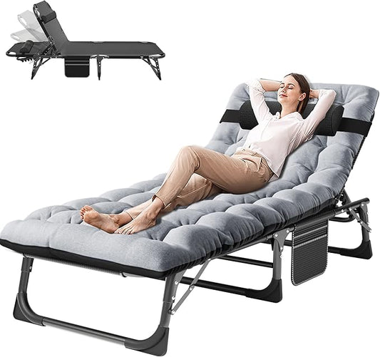 ABORON 3-in-1 Folding Patio Lounge Chair, 440LB Heavy-Duty Tri-Fold Guest Bed with Plush Cotton Cushion, No Assembly Adjustable Recliner for Office Nap, Patio Sunbathing, Poolside & Camping