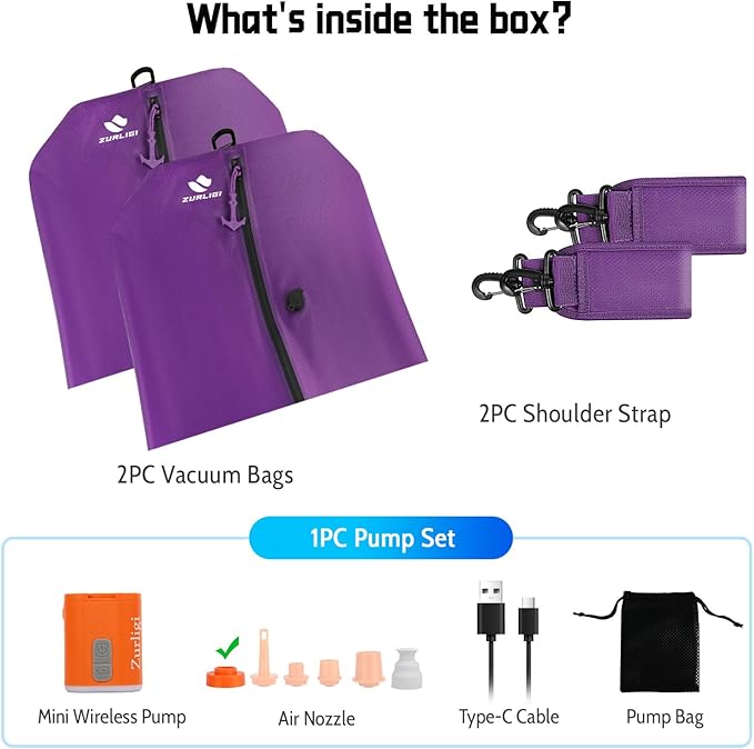 Zurligi Travel Vacuum Bags with Shoulder Strap & Mini Pump – IPX8 Waterproof Vacuum Seal Reusable 39L Carry-On Compression Bags for Clothes, Suitcase & Luggage(2-Pack, Purple)