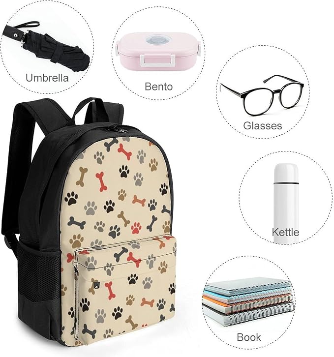 Supdreamc Lightweight Daypack Backpack for Trekking Work Running, Big Capacity Multipurpose Anti-Theft Bookbag, Dog Bones Paw Prints Cream Business Computer Bag