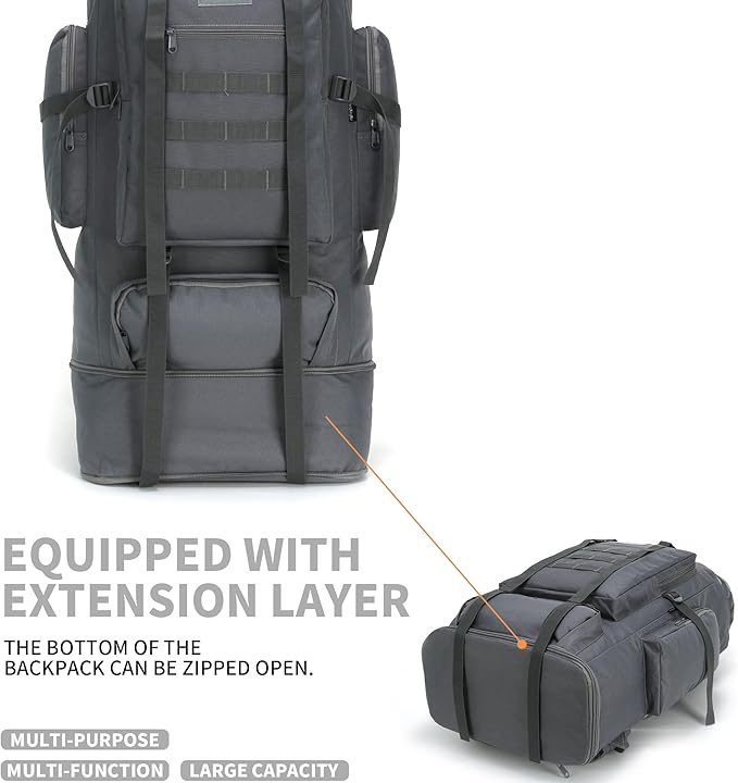 100L Hiking Camping Backpack MOLLE Rucksack Waterproof Daypack (Grey)