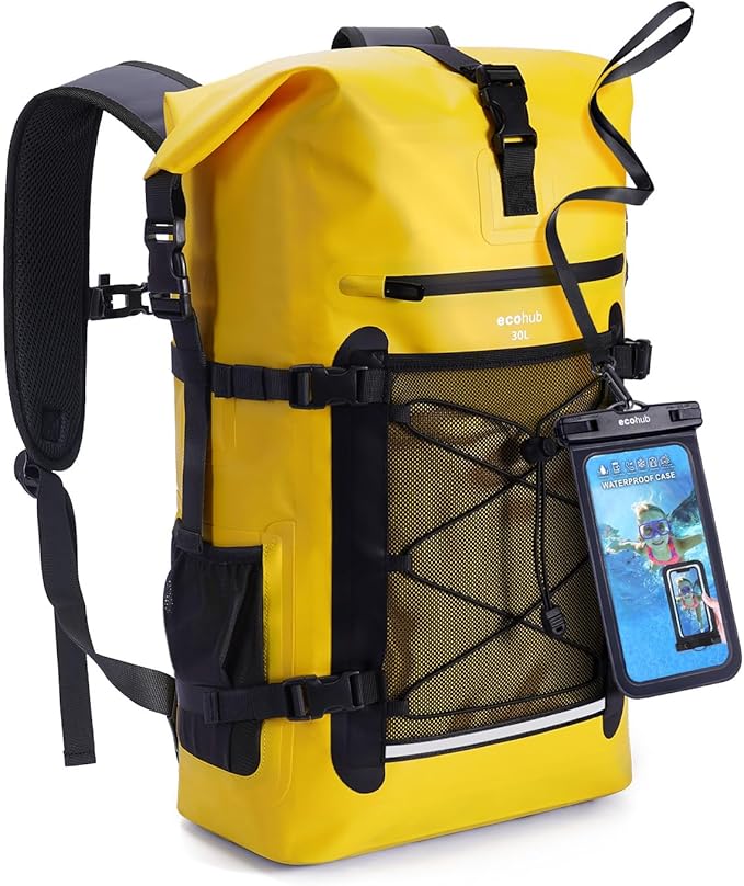 ECOHUB Waterproof Backpack for Women Men, 30L Roll-Top Closure Heavy Duty Dry Bag for Travel with IPX8 Waterproof Phone Case