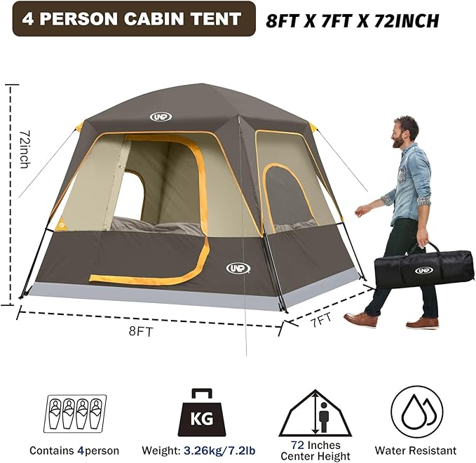 UNP 2/4/6/8 Person Tent, Portable Cabin Tent, Camping Tent 4-Person Easy Set Up, Waterproof with Top Rainfly for Outdoor Camping/Hiking