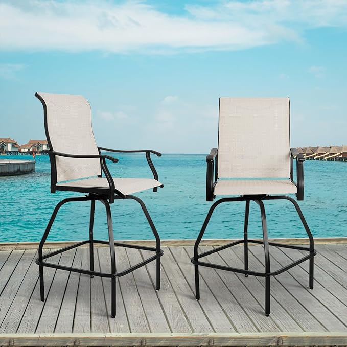 LEVELEVE Patio Bar Set 2pcs Swivel Bar Stools Outdoor Bistro Textilene Furniture Stability All-Weather Set (2, Beige Fabric)