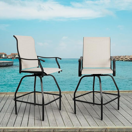LEVELEVE Patio Bar Set 2pcs Swivel Bar Stools Outdoor Bistro Textilene Furniture Stability All-Weather Set (2, Beige Fabric)