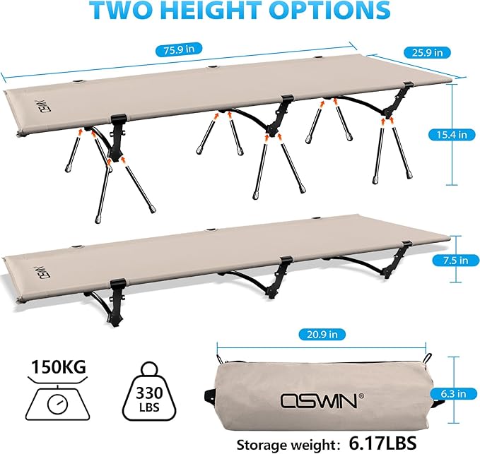 OSWIN Adult Backcountry Camping cot with Leg Extension, rollaway Camping cot, Ultralight Folding Backpack Bed, Support 330-pound, Portable Camping Bed Outdoor Hiking RV Beach（Khaki）
