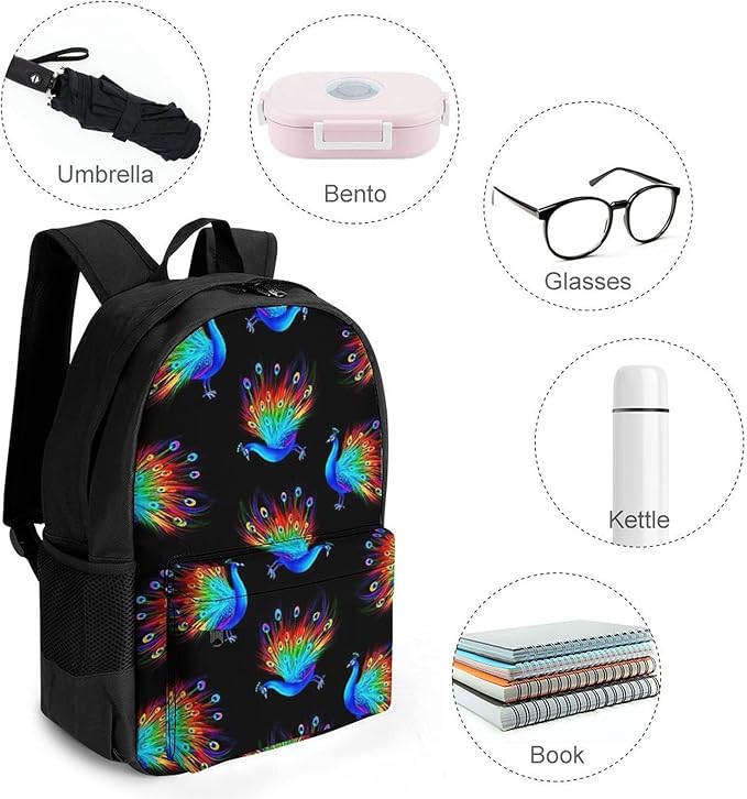 Men Women Polyester Rainbow Peacock Art Black Daypack Backpack Large Capacity Carry On Bag With Smooth Zippers for Hiking Picnic Walking Cycling