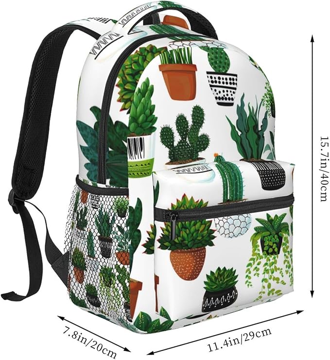 Daypack Backpack Anti-Theft Multipurpose Big Capacity Bookbag, Green Cactus Art Business Computer Bag With Side Pockets