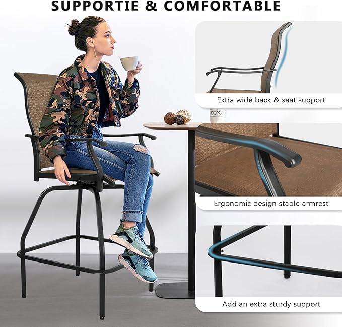 LEVELEVE Patio Bar Set 2pcs Swivel Bar Stools Outdoor Bistro Textilene Furniture Stability All-Weather Set (Dark Brown Fabric)
