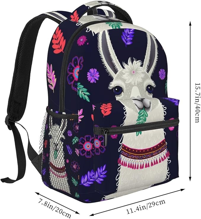 Backpack Polyester Anti-Theft Multipurpose Llama Alpaca Flower Leaves Art Bookbag Large Capacity Laptop Book Bag Rucksack With Side Pockets