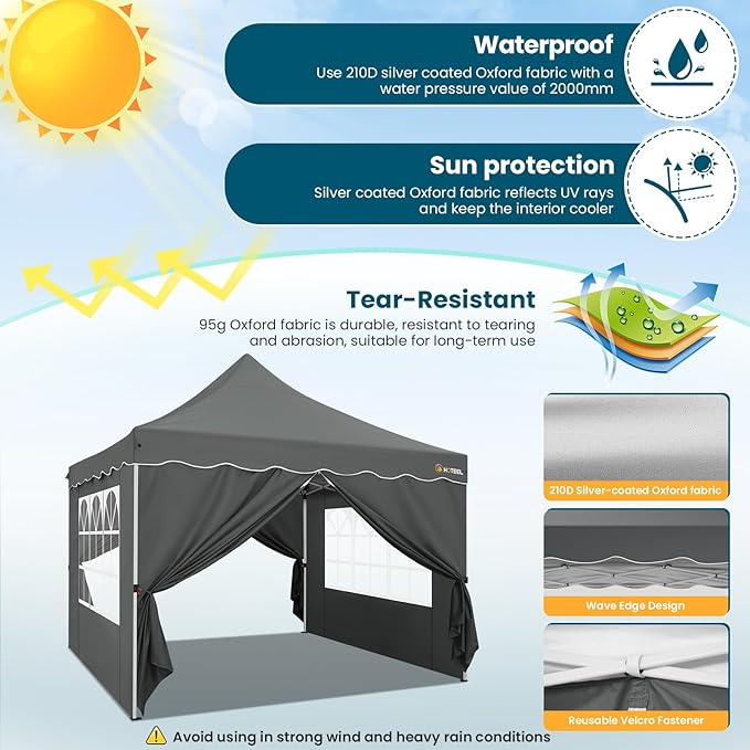 HOTEEL Canopy Tent 10x10 Pop Up Canopy with 4 Removable Sidewalls, Sandbags, Stakes & Ropes, UPF 50+ Easy Setup Canopy Tent Waterproof Outdoor Instant Portable Shelter for Party, Events, Vendor, Gray