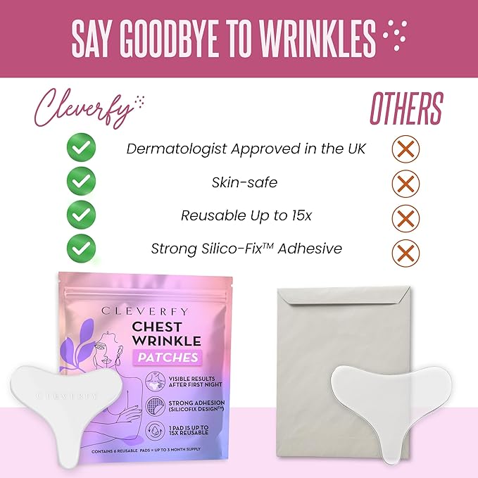 CLEVERFY Silicone Chest Wrinkle Patches for Side Sleeping – Reusable Décolleté Anti-Wrinkle Chest Pads for Overnight Line Prevention (6 Pack, T-Shape)