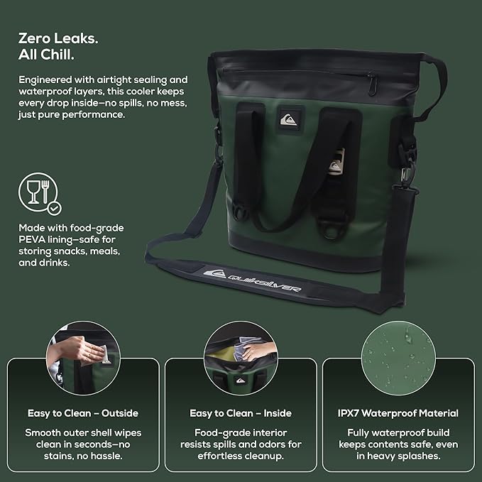 Quiksilver Zipperless Backpack Cooler 30L, Holds 36 Cans, 48 Hour Insulation, Leakproof & Waterproof Design, Heavy Duty TPU, IPX7, Padded Straps, Kangaroo Pockets