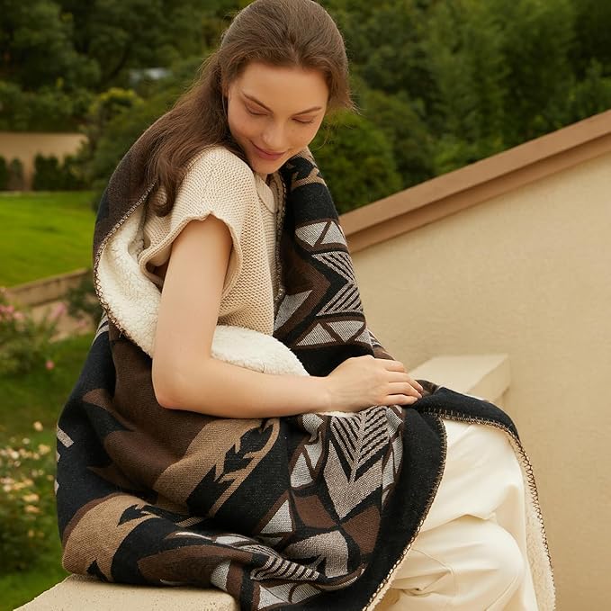 Aztec Patterned Throw Blanket with Soft Sherpa Lining, Traditional Southwestern Navajo with Cross Pattern Warm Throw for Camping, Outdoor, Light Weight Cozy Boho Blanket for Couch, Bed, 50”x60”, Brown