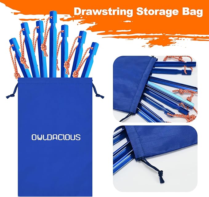 7 Inch Ultralight Aluminum Tent Stakes (8Pcs) – Includes 4X 10ft Guylines, Puller & Storage Bag. Non-Rust Metal Ground Spikes Tent Pegs for Camping.