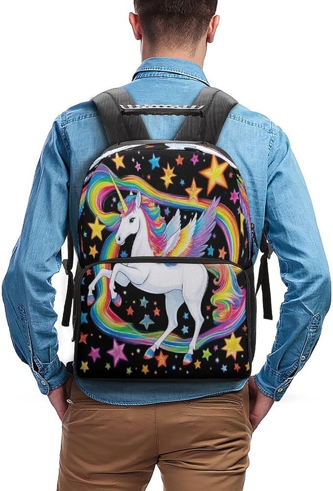 Daypack Backpack Polyester Anti-Theft Multipurpose Colorful Space Rainbow Unicorns Bookbag Big Capacity Travel Hiking Camping Rucksack With Smooth Zippers