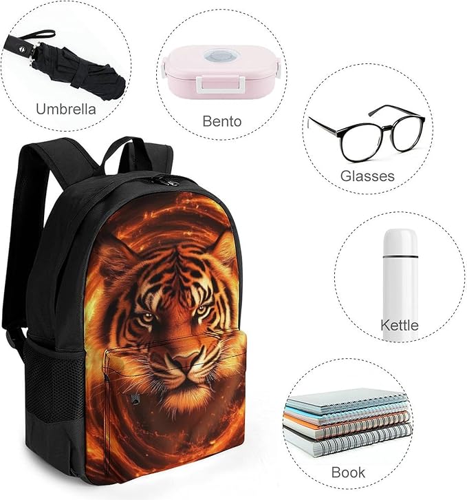 Daypack Backpack Multipurpose Anti-Theft Large Capacity Bookbag, Wild Angry Animal King Fire Flame Tiger Travel Hiking Camping Rucksack With Adjustable Shoulder Straps